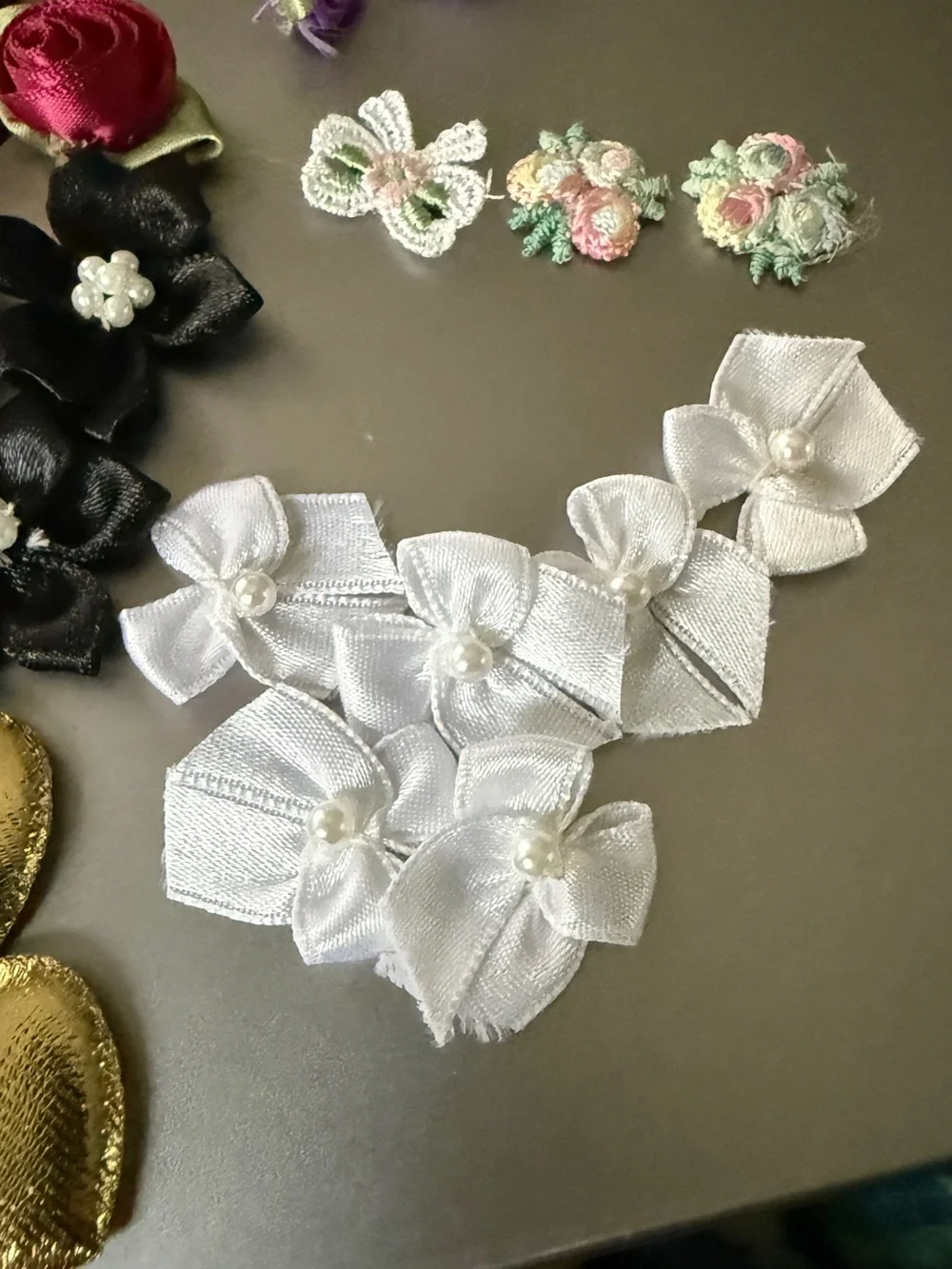 Vintage Satin Ribbon Rose Bow Craft Embellishment Lot